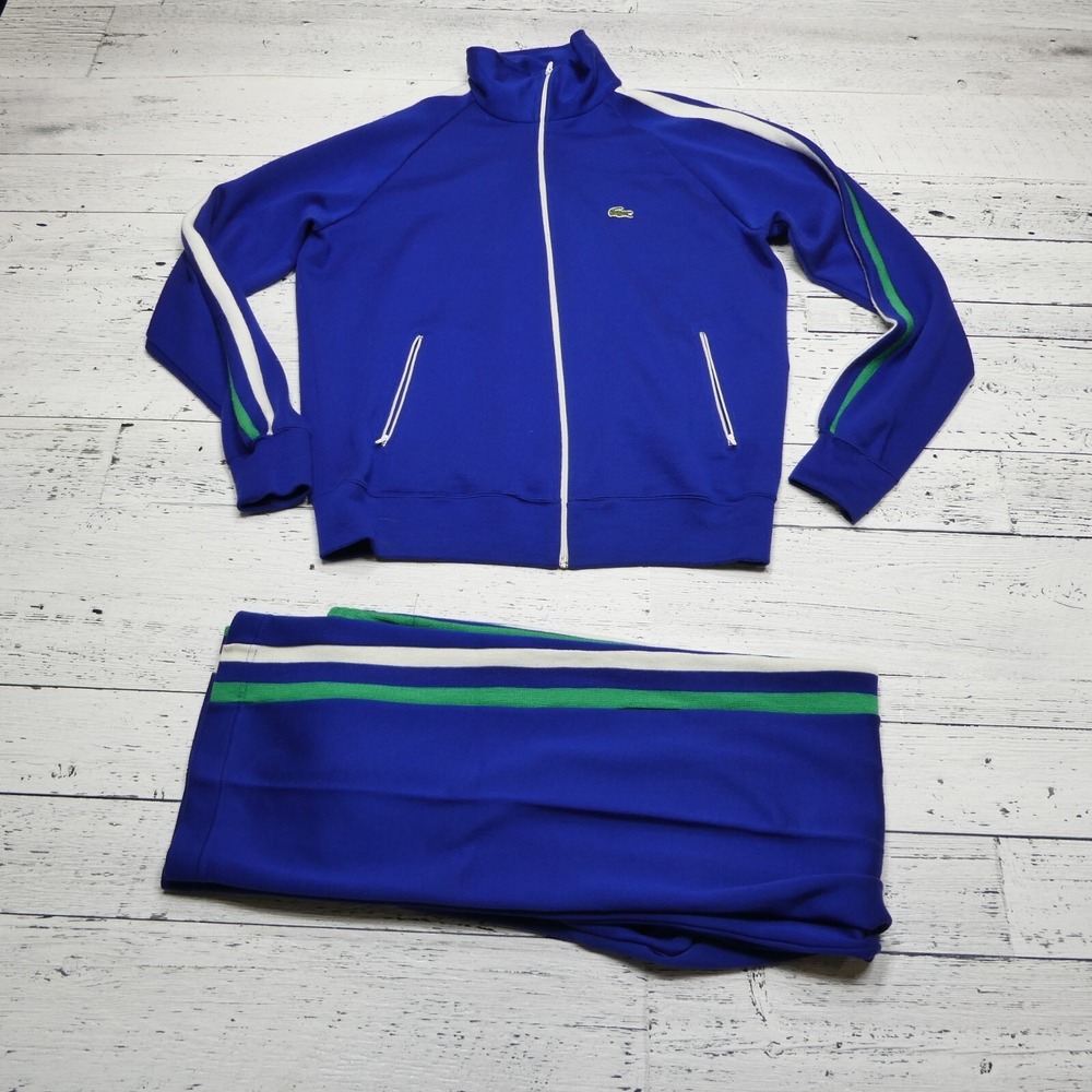 VINTAGE Izod Lacoste Tracksuit Mens XL Blue Acrylic Full Zip Embroidered Logo 80